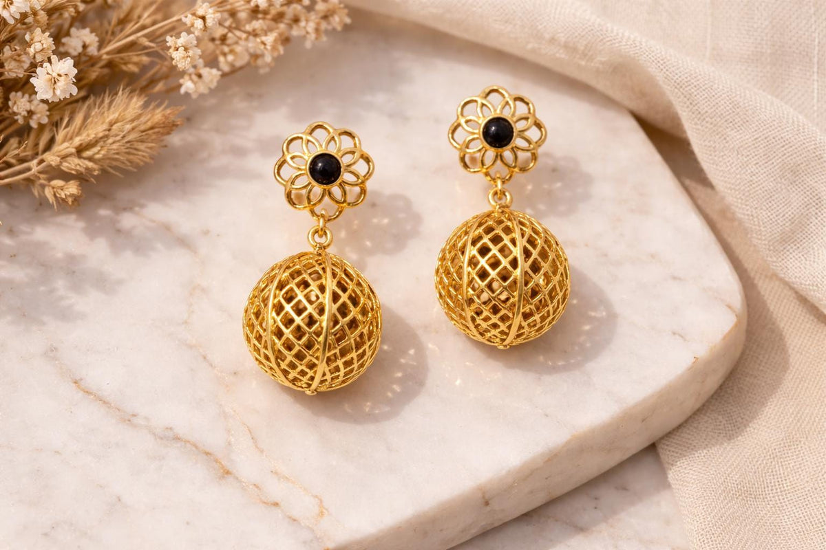 Gold Plated Brass Dangle Earrings, Black Agate, Boho Gypsy