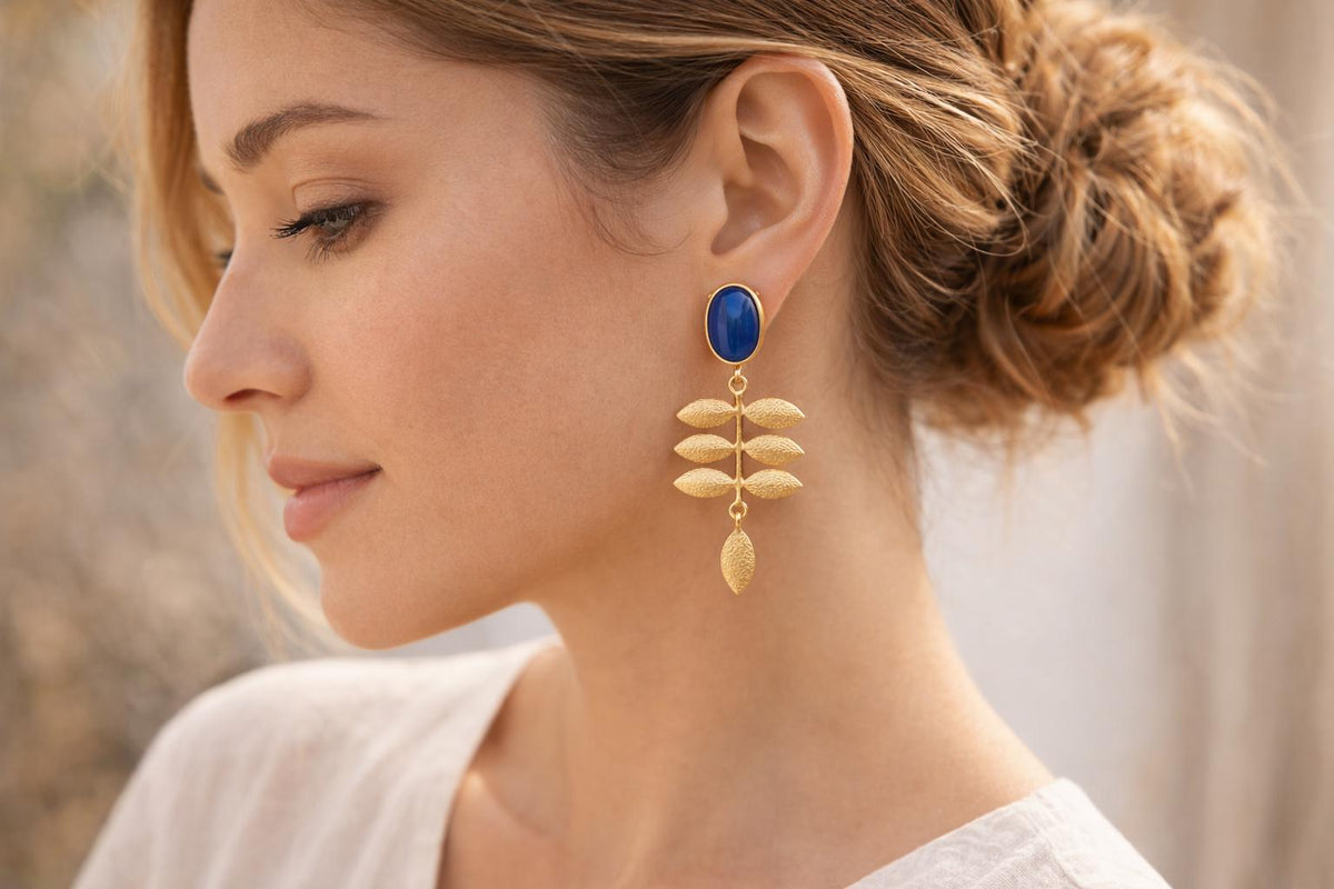 Blue Agate Leaf Earrings – Gold Plated Botanical Statement Jewelry
