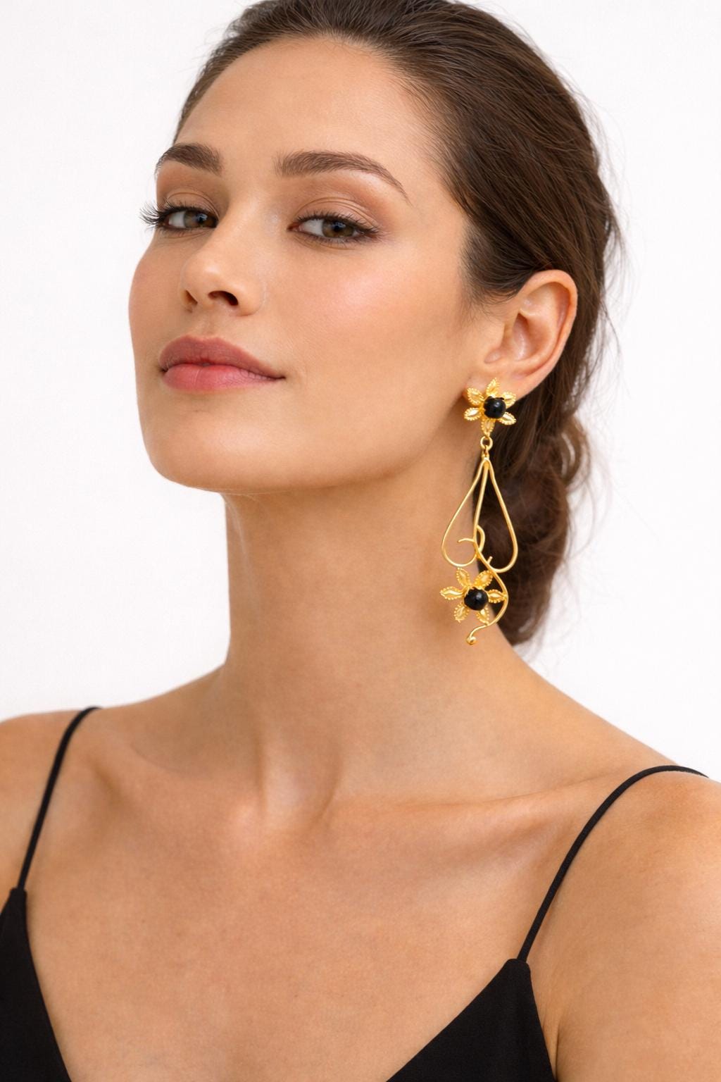 Gold Plated Floral Dangle Earrings with Black Agate – Hypoallergenic Statement Jewelry