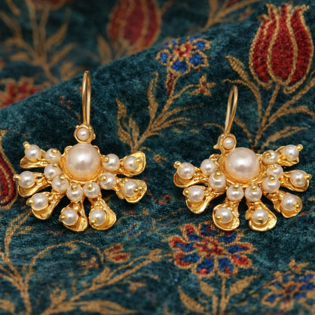 Elegant Ottoman-Inspired Gold Plated Chandelier Earrings with Pearls, Lightweight Bridal Jewelry for Special Occasions