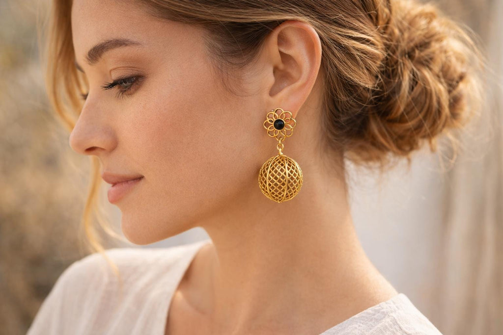 Gold Plated Brass Dangle Earrings, Black Agate, Boho Gypsy
