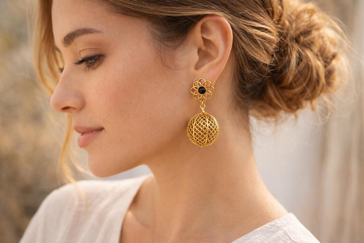 Gold Plated Brass Dangle Earrings, Black Agate, Boho Gypsy