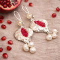 Gold Pomegranate Earrings, Ruby Accent Dangle, Ottoman Boho Chic Pearl Jewelry