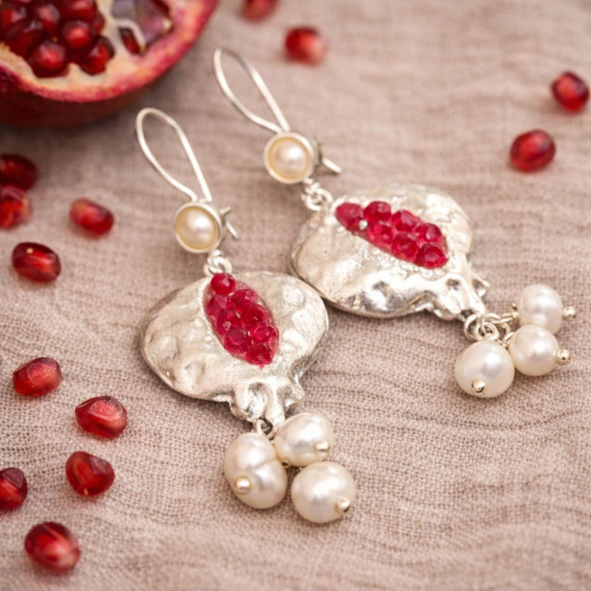 Gold Pomegranate Earrings, Ruby Accent Dangle, Ottoman Boho Chic Pearl Jewelry