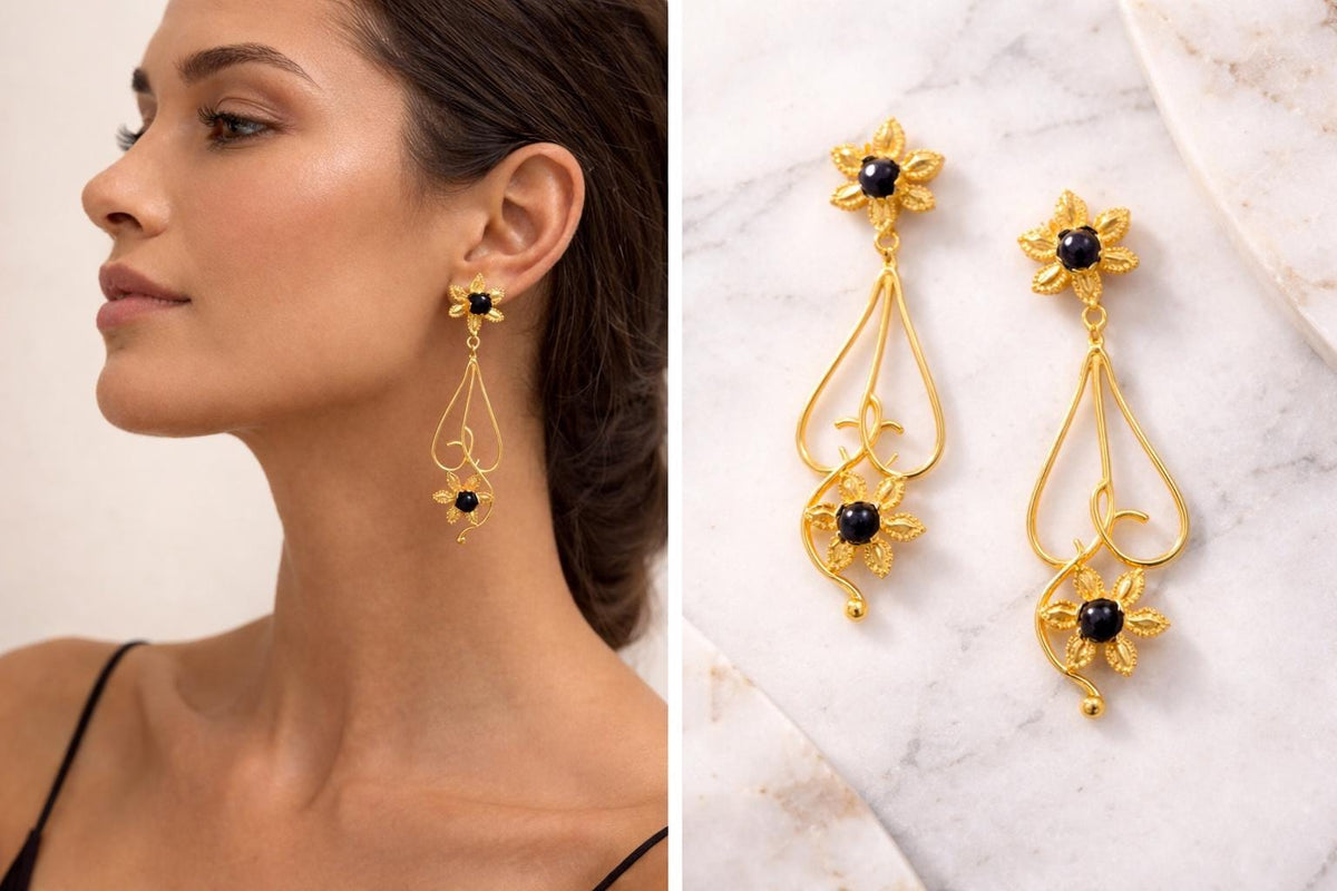 Gold Plated Floral Dangle Earrings with Black Agate – Hypoallergenic Statement Jewelry