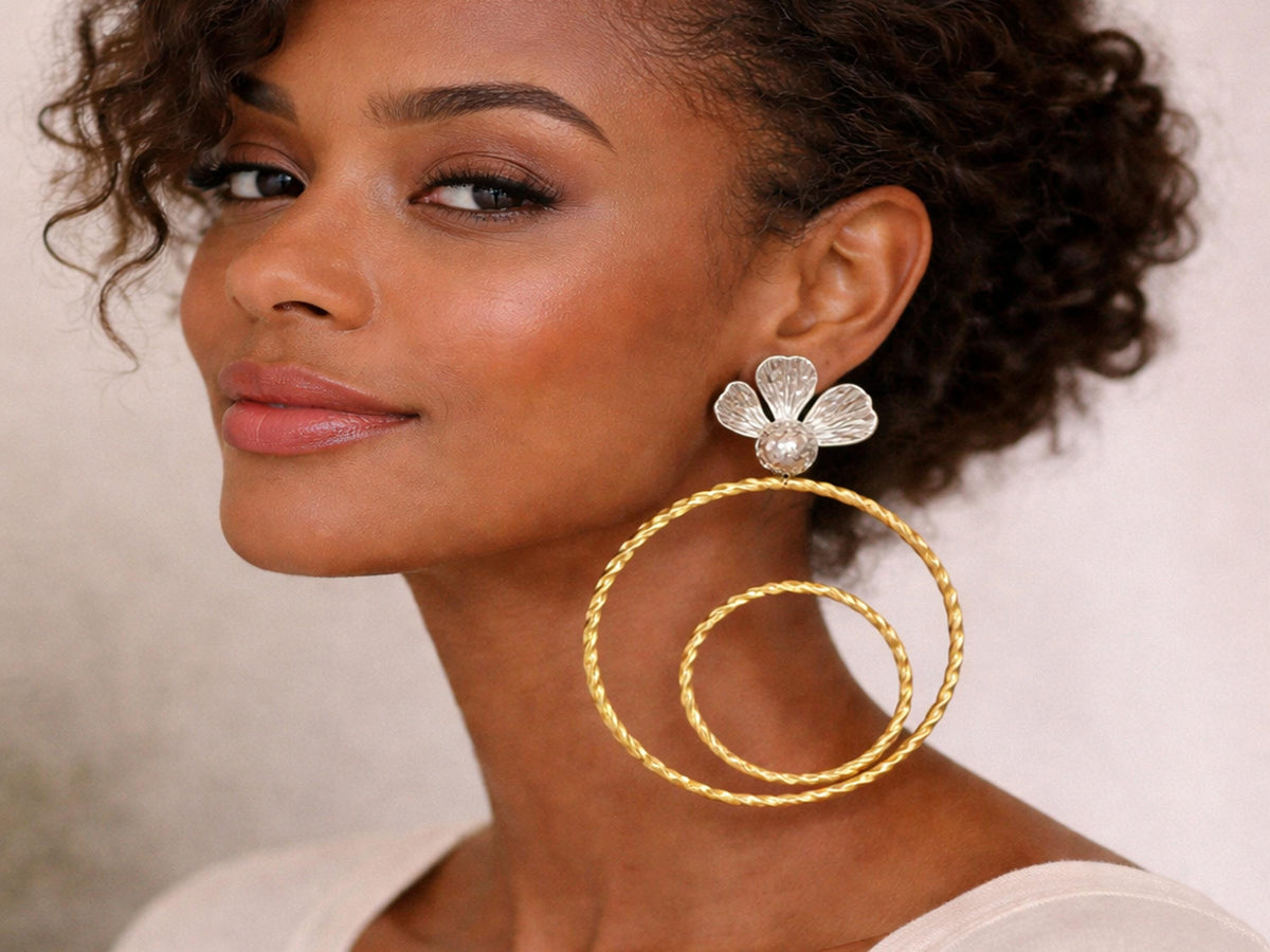 Elegant Turkish Flower Hoop Earrings, Unique Matte Gold Silver Dangle Studs