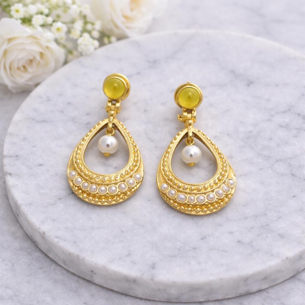 Gold-Plated Turkish Hoop Earrings with Yellow Agate and Pearls
