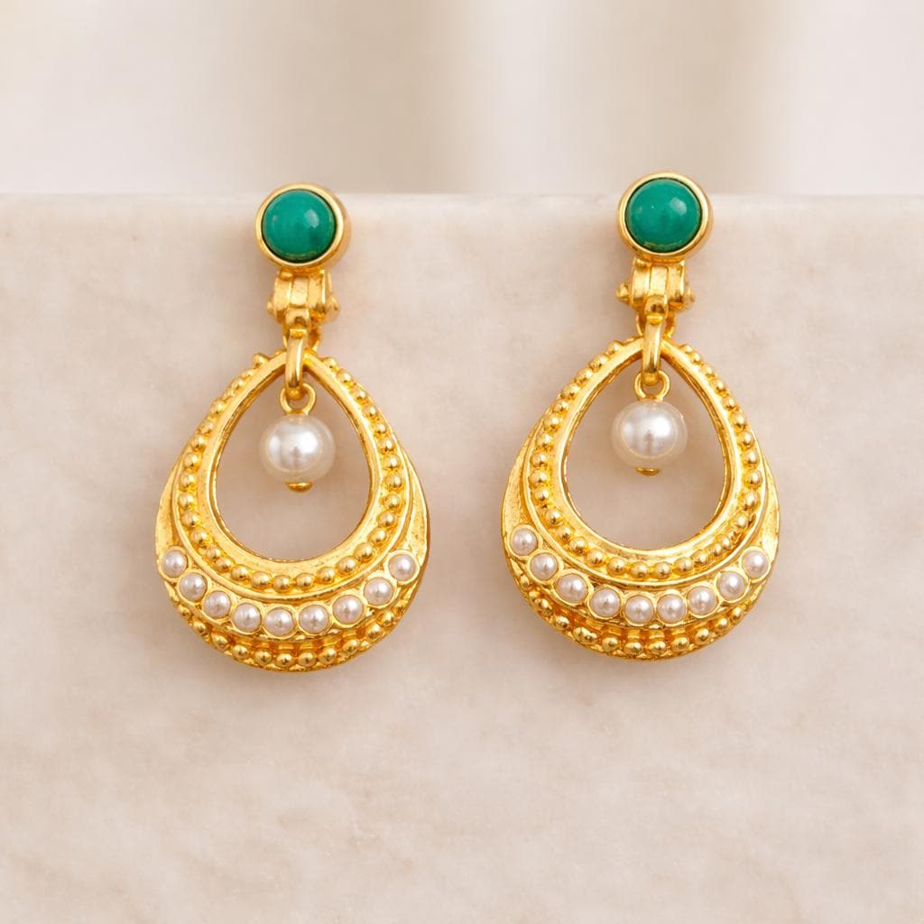 Gold-Plated Turkish Hoop Earrings – Blue Howlite, Faux Pearls, Hypoallergenic
