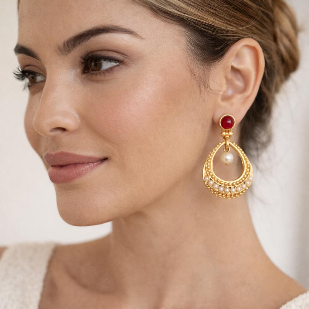 Gold-Plated Hoop Earrings, Yellow Agate, Faux Pearls, Turkish Artisan Jewelry