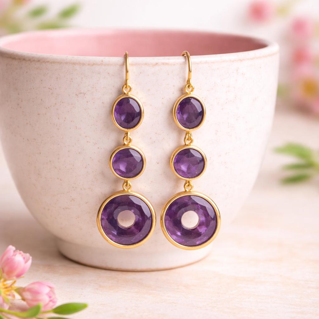 Amethyst Dangle Earrings – Gold Plated Brass, Oval Round Donut Gemstone Jewelry
