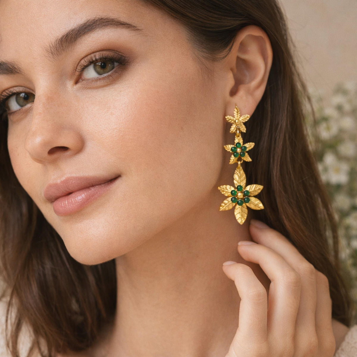 Gold Plated Bronze Ottoman Style Earrings with Green Agate – Lightweight Boho Statement Jewelry