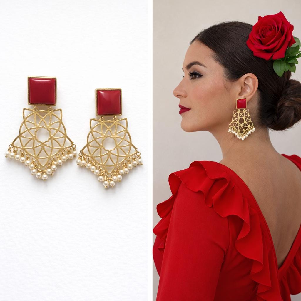 Gold Filigree Coral Pearl Chandelier Earrings, Spanish Flamenco Design