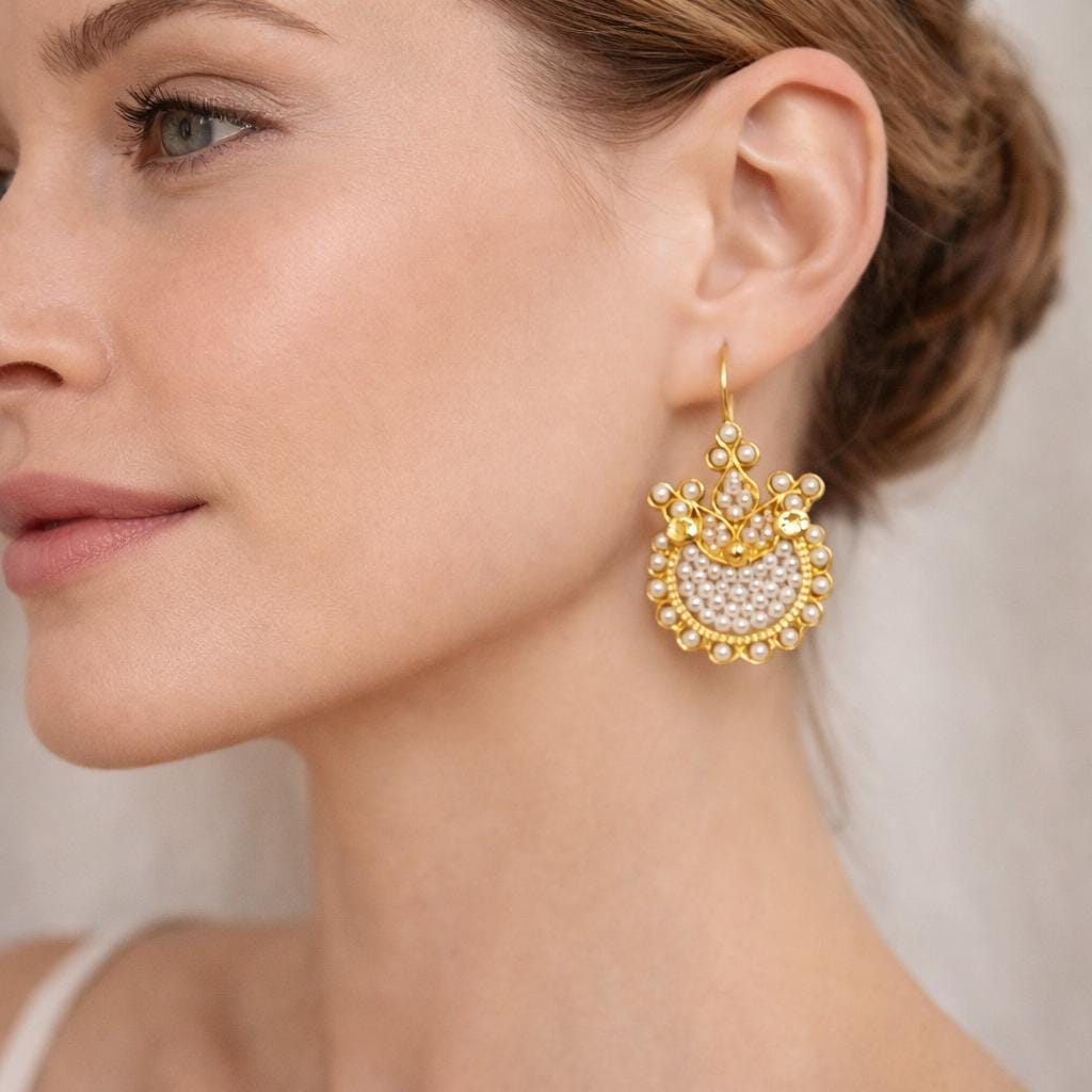 Ottoman Pearl Tulip Earrings – Gold-Plated Chandelier Dangle Jewelry