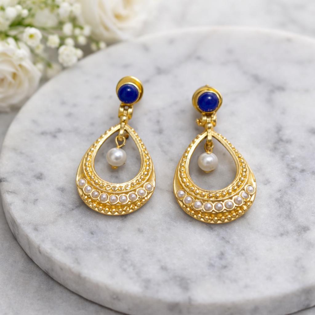 Sophisticated Blue Agate & Pearl Teardrop Hoop Earrings - Gold-Plated Brass Turkish-Inspired Design - Hypoallergenic - Lightweight - Gift