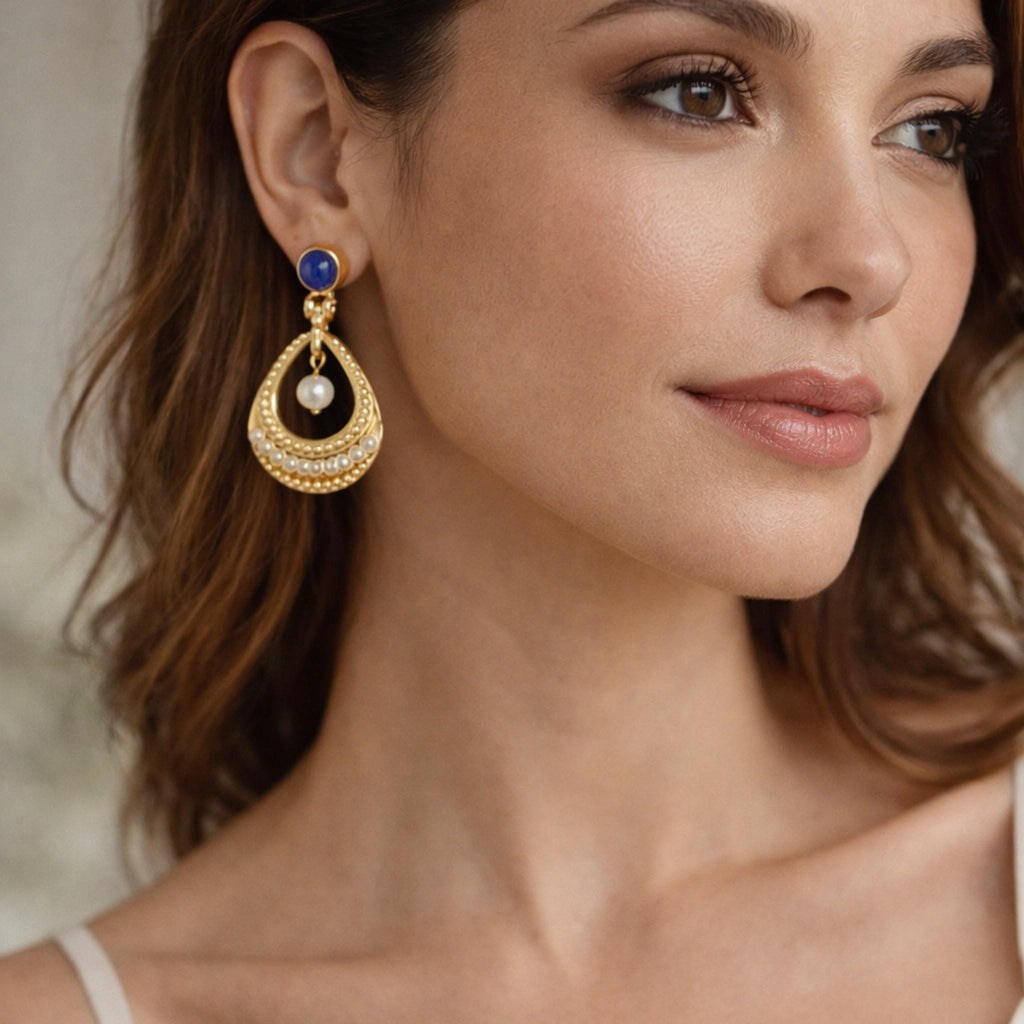Sophisticated Blue Agate & Pearl Teardrop Hoop Earrings - Gold-Plated Brass Turkish-Inspired Design - Hypoallergenic - Lightweight - Gift