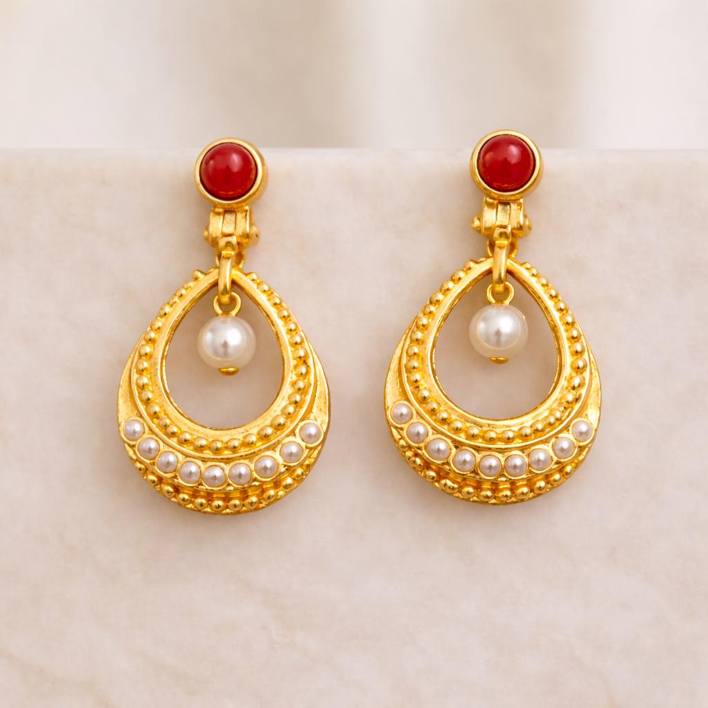 Gold-Plated Hoop Earrings, Yellow Agate, Faux Pearls, Turkish Artisan Jewelry