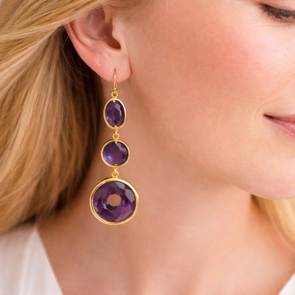 Amethyst Dangle Earrings – Gold Plated Brass, Oval Round Donut Gemstone Jewelry