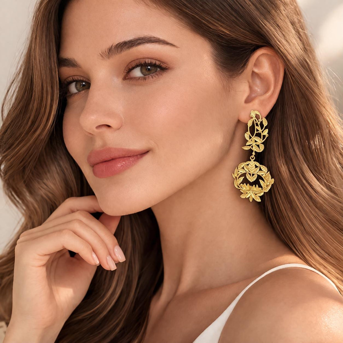 Gold Leaf Earrings Chandelier Dangle, Botanical Statement Jewelry, Lightweight Elegant Gift for Her