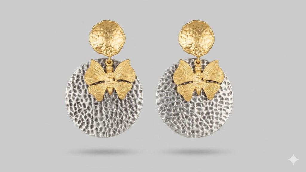 Hammered Disc Butterfly Dangle Earrings in Turkish Art Deco Style - Hypoallergenic, Gift Packaging Included