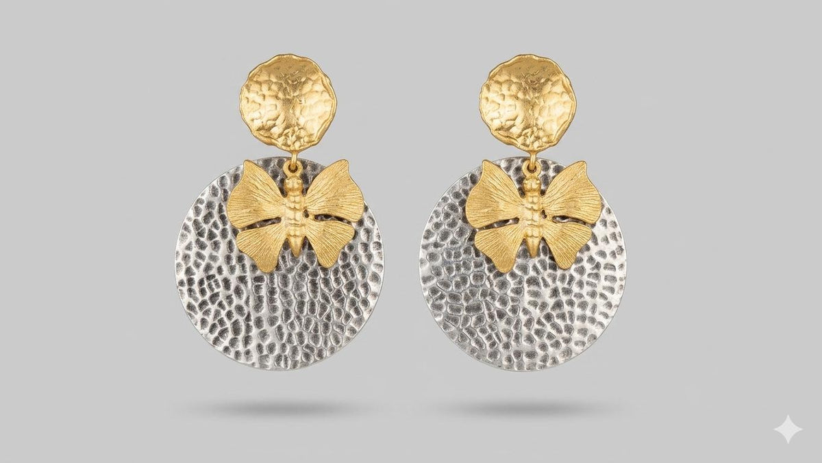 Hammered Disc Butterfly Dangle Earrings in Turkish Art Deco Style - Hypoallergenic, Gift Packaging Included