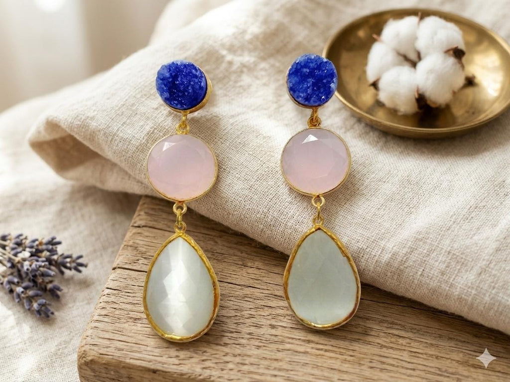 Gold Plated Gemstone Dangle Earrings, Blue Druzy, Rose Quartz, Cat Eye