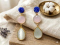 Gold Plated Gemstone Dangle Earrings, Blue Druzy, Rose Quartz, Cat Eye