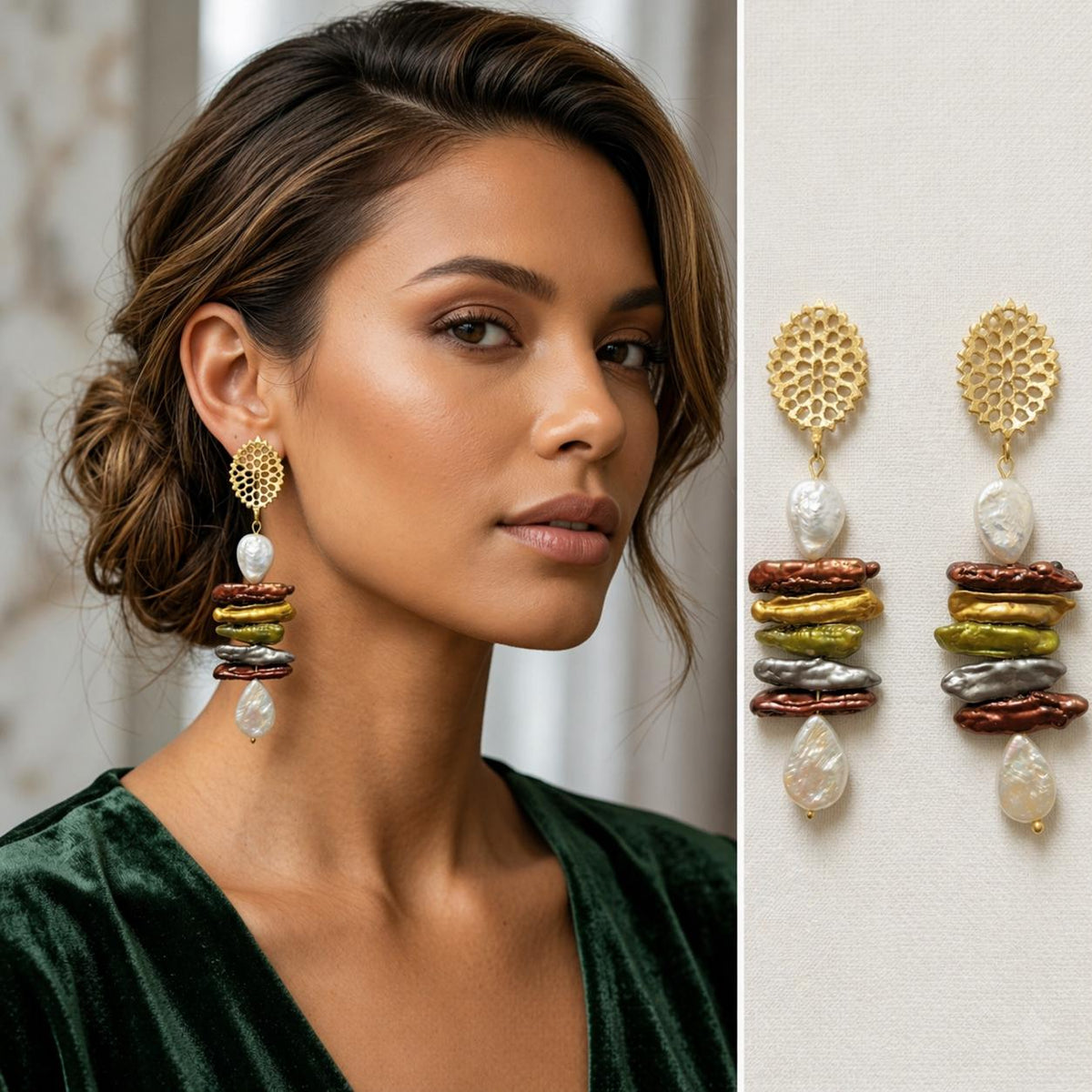 Multicolour Pearl Dangle Earrings - Gold Plated Brass - Hypoallergenic - Stud and Dangle Styles -