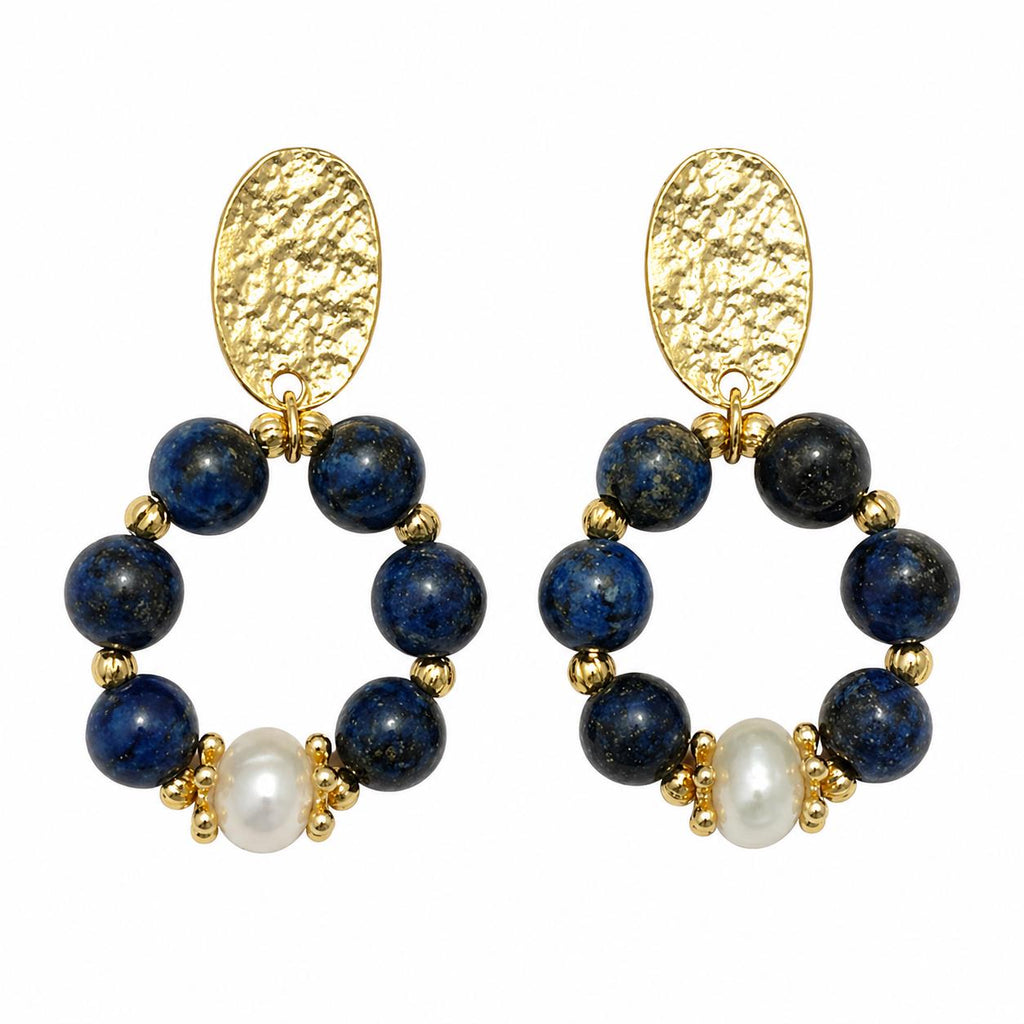 Gold Plated Lapis Pearl Hoop Earrings – Hypoallergenic Dangle Gemstone Jewelry