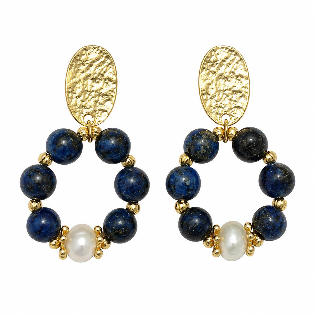 Gold Plated Lapis Pearl Hoop Earrings – Hypoallergenic Dangle Gemstone Jewelry