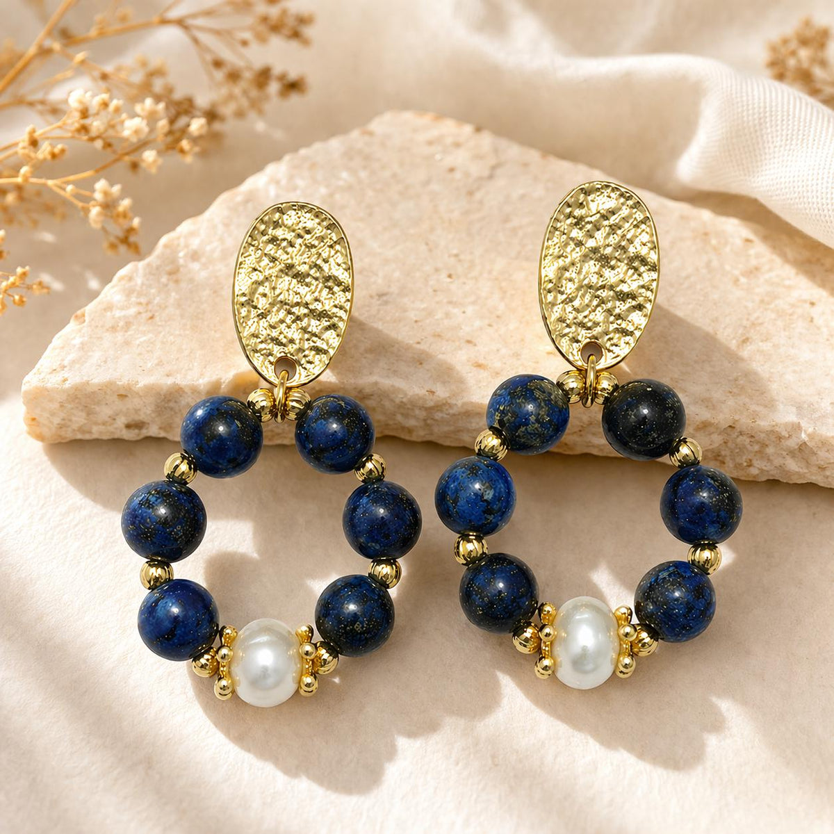 Gold Plated Lapis Pearl Hoop Earrings – Hypoallergenic Dangle Gemstone Jewelry