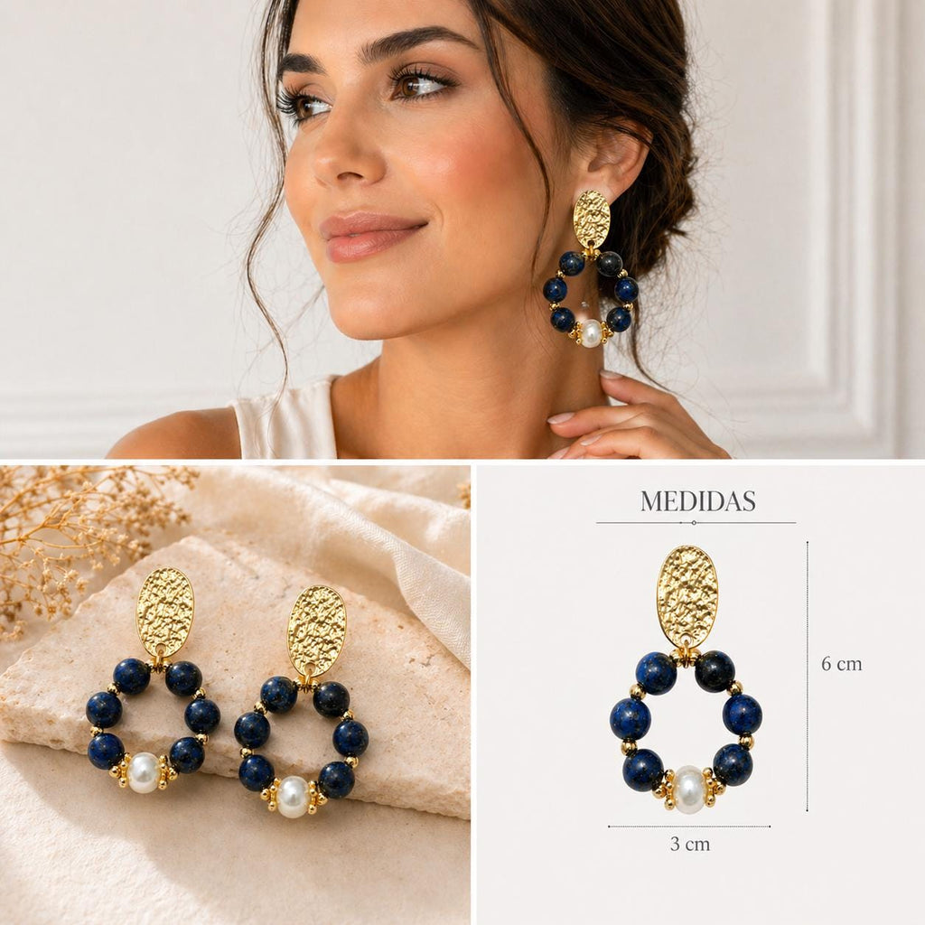 Gold Plated Lapis Pearl Hoop Earrings – Hypoallergenic Dangle Gemstone Jewelry