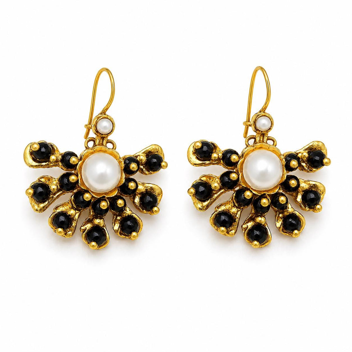Ottoman Style Chandelier Earrings – Black Agate, Pearl, Gold Plated Brass