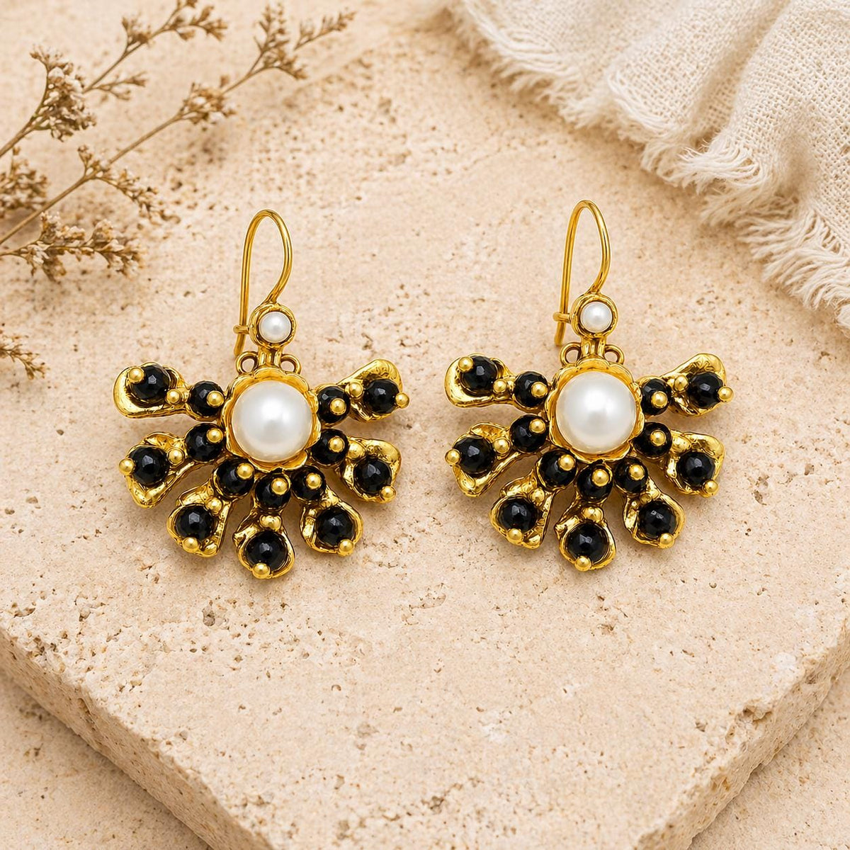 Ottoman Style Chandelier Earrings – Black Agate, Pearl, Gold Plated Brass