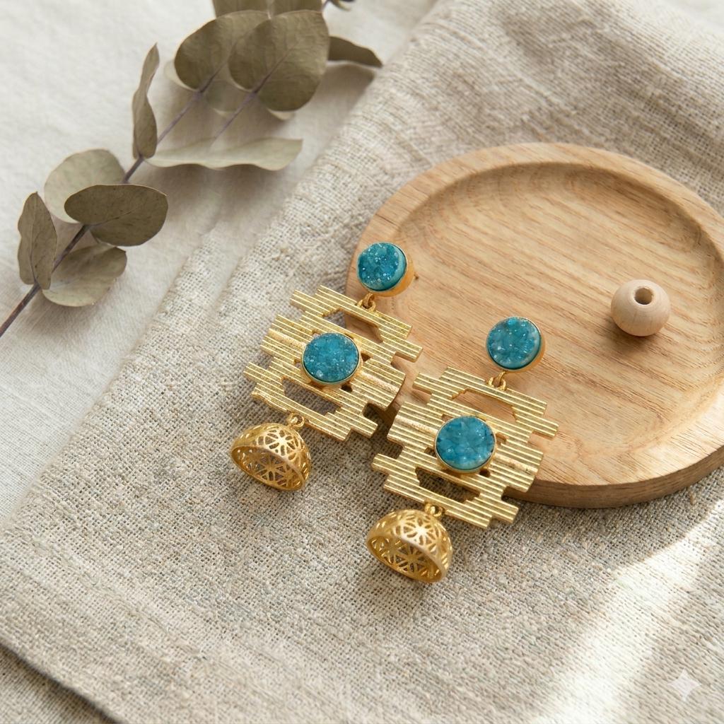 Blue Druzy Chandelier Earrings – Gold Plated Jhumka Dangles, Openwork Design