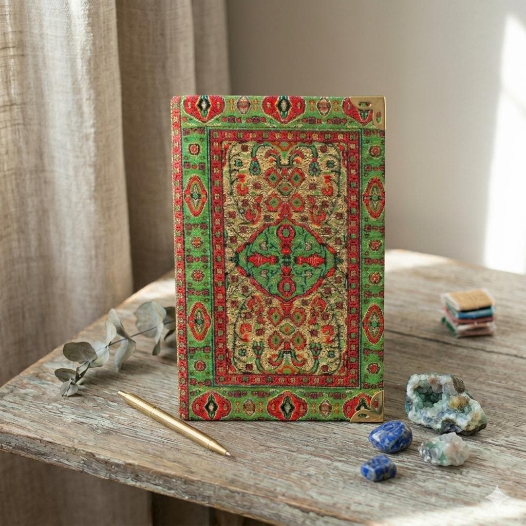 Turkish Kilim Hardcover Journal, Green Gold Woven Fabric Notebook