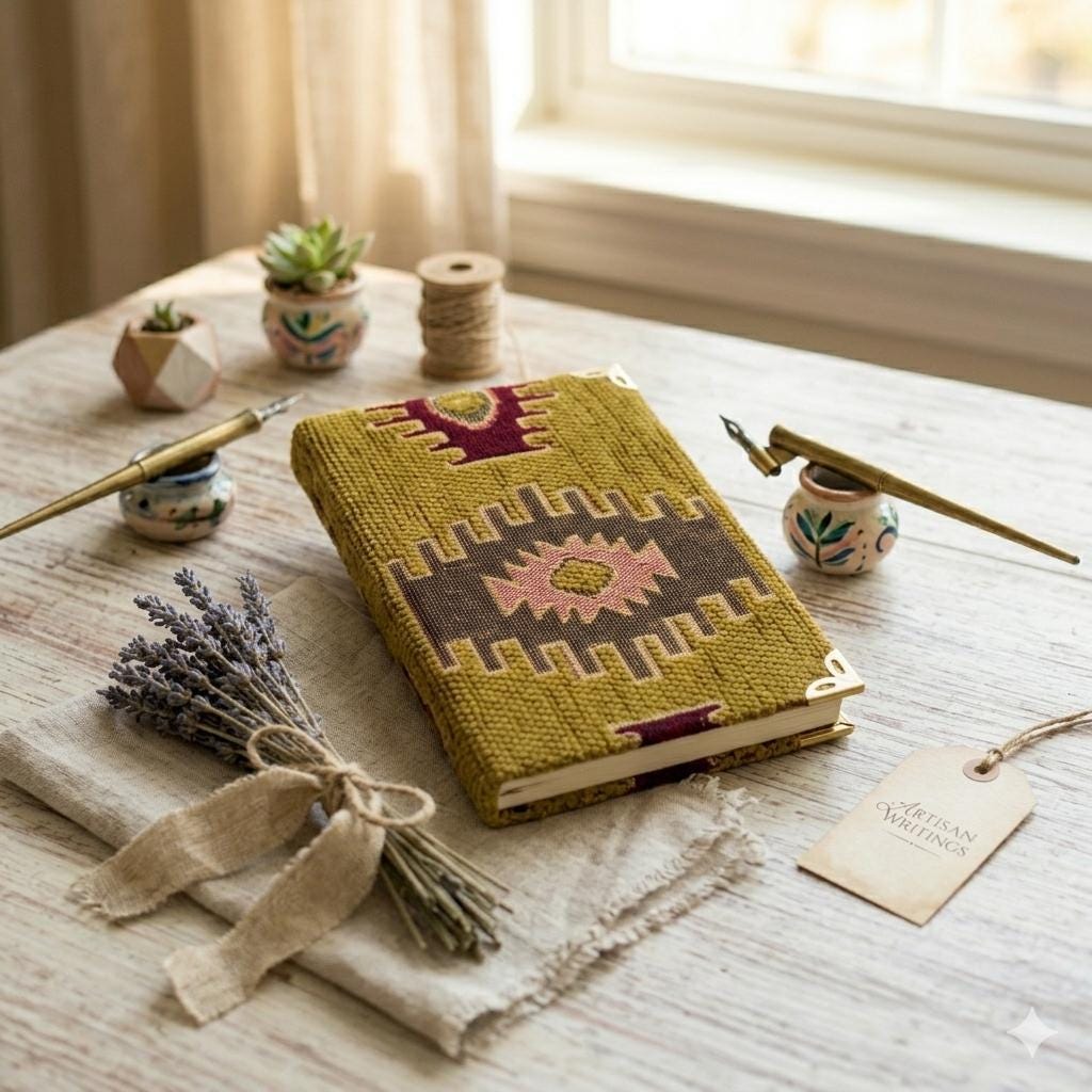 Ikat Turkish Rug Chenille Fabric Notebook, Brass Corners