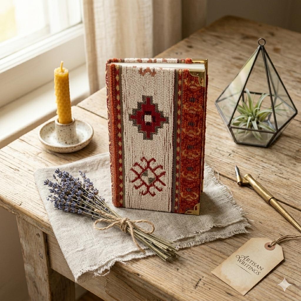 Handmade Woven Turkish Rug Design Chenille Fabric Journal with Brass Corners and Lined Pages