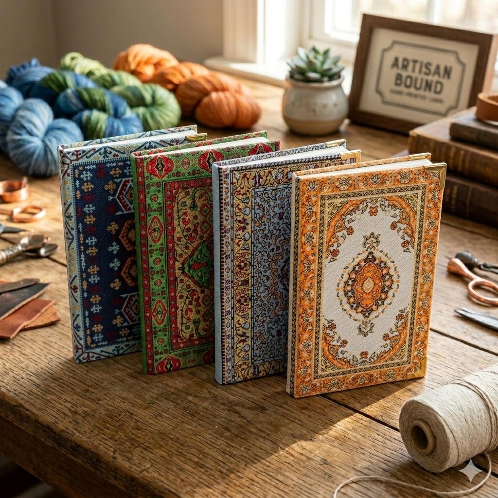 Handmade Multicolor Turkish Kilim Inspired Notebook with Brass Corners and Raffia Bag