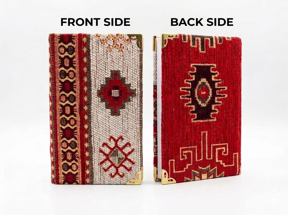 Turkish Ikat Notebook: Red Aztec Design, Brass Corners, Lined Velvet Fabric (9x14cm)