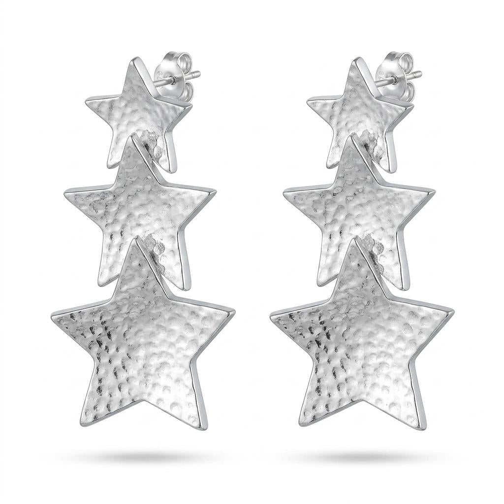 Silver plated  Star Earrings, Triple Tiered Celestial Dangles, Turkish Artisanship, Hypoallergenic Brass Jewelry