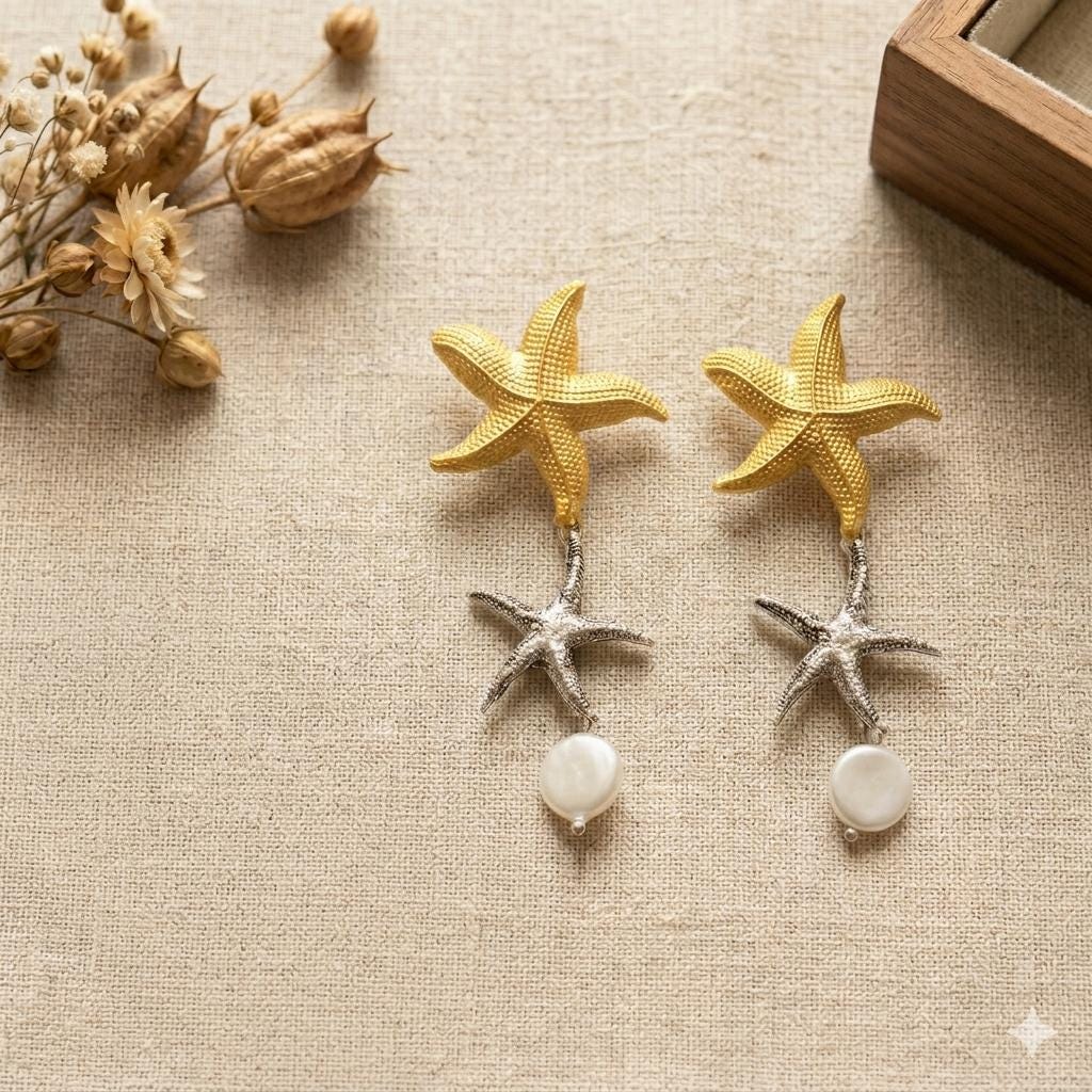 Gold Silver Starfish Pearl Dangle Earrings, Lightweight Coastal Jewelry