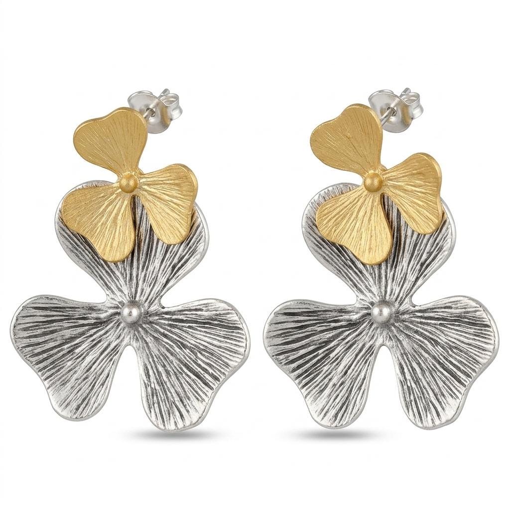 Handmade Mixed Metal Flower Earrings, Gold Silver Plated, Stud Dangle Styles