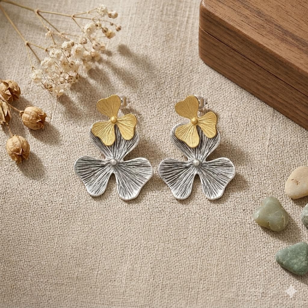 Handmade Mixed Metal Flower Earrings, Gold Silver Plated, Stud Dangle Styles