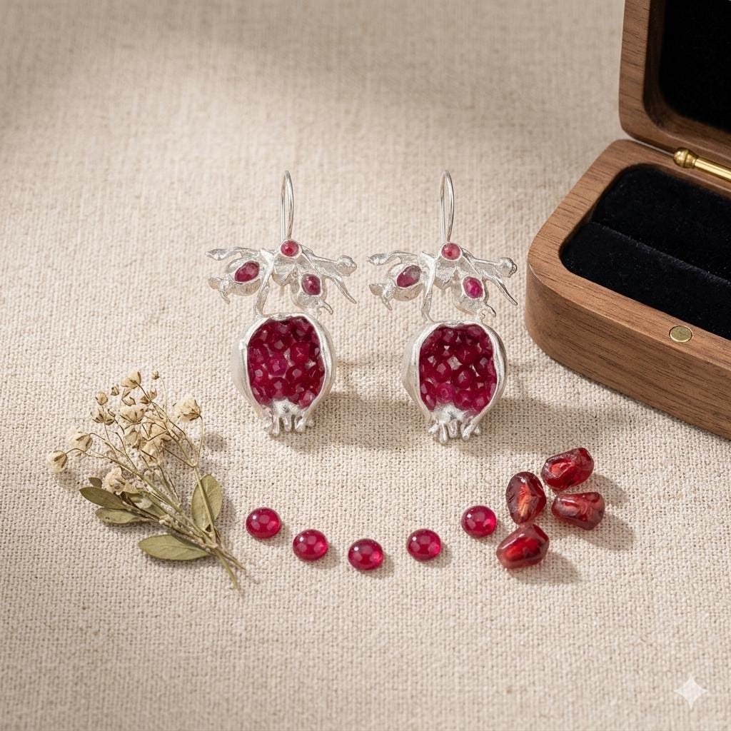 Pomegranate Earrings, Ruby Jade, Silver Plated, Boho Tribal Earrings