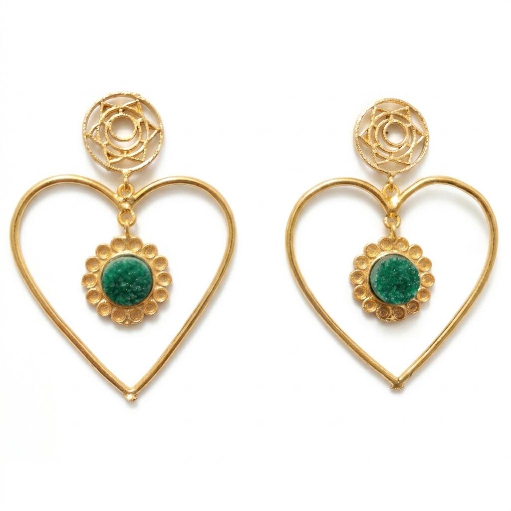 Green Druzy Heart Dangle Earrings, Gold Plated Brass, Artisan Jewelry