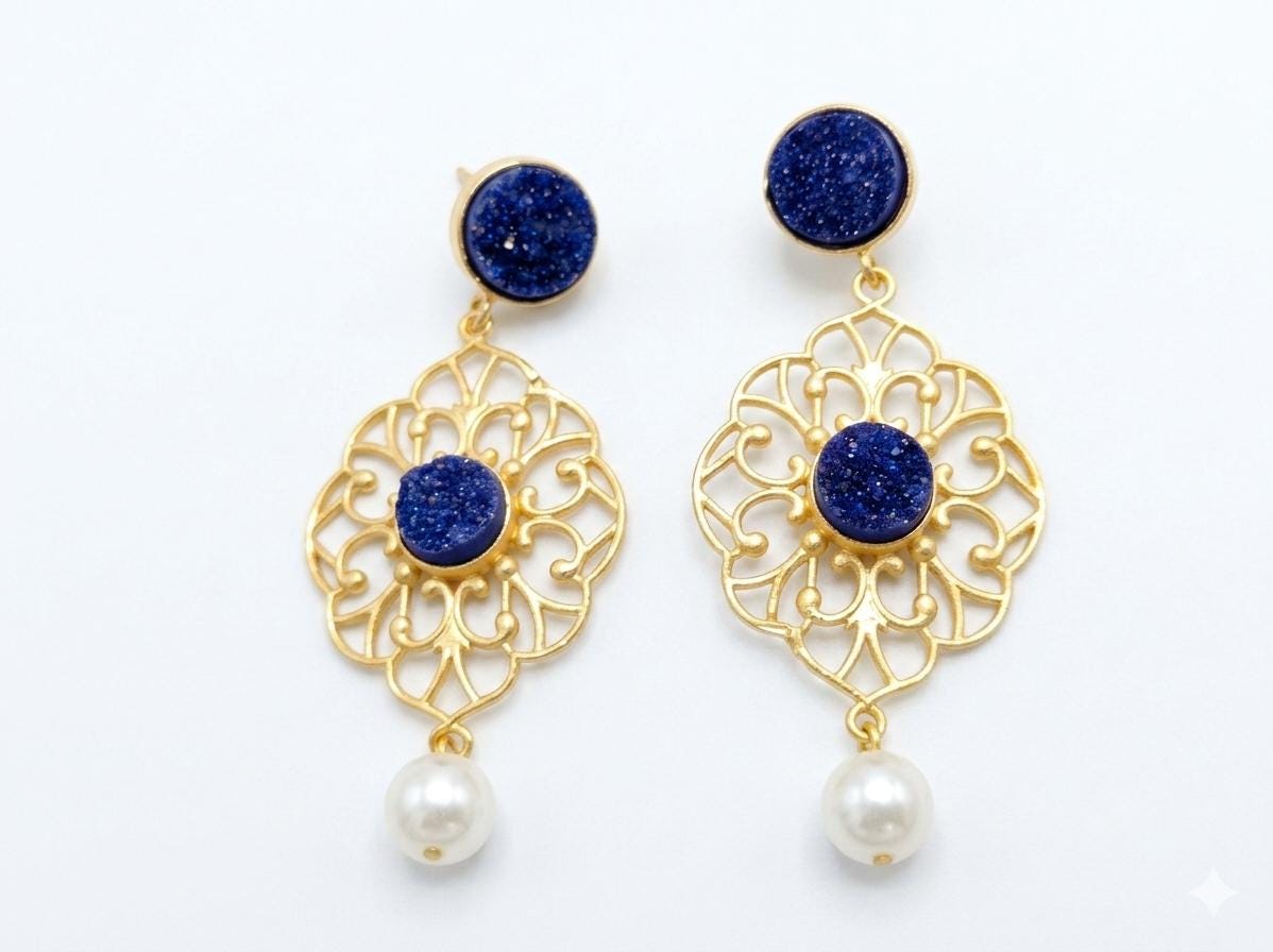 Boho Purple Druzy Chandelier Earrings with Pearl Drop – Gold Plated Filigree Statement Jewelry