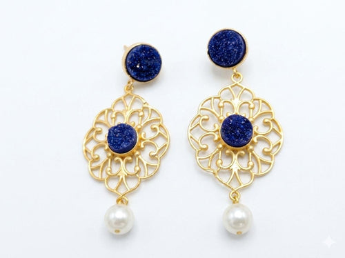 Boho Purple Druzy Chandelier Earrings with Pearl Drop – Gold Plated Filigree Statement Jewelry