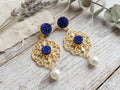 Boho Purple Druzy Chandelier Earrings with Pearl Drop – Gold Plated Filigree Statement Jewelry