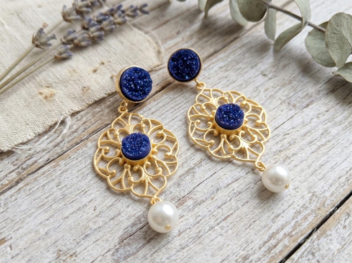 Boho Purple Druzy Chandelier Earrings with Pearl Drop – Gold Plated Filigree Statement Jewelry