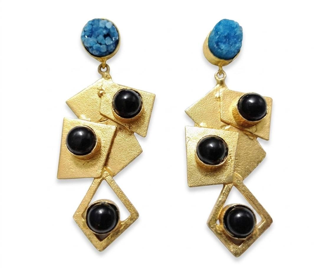 Handmade Blue Druzy Black Agate Geometric Dangle Earrings: Gold Plated, Hypoallergenic
